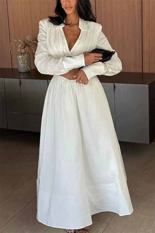 Greta Linen Blend Bra-style Gathered Long Sleeve Crop Shirt and Mid Rise Pocket Umbrella Skirt Set