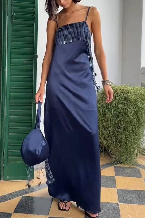 The Great Gatsby Satin Beaded Sequin Trim Open Back Slip Maxi Dress