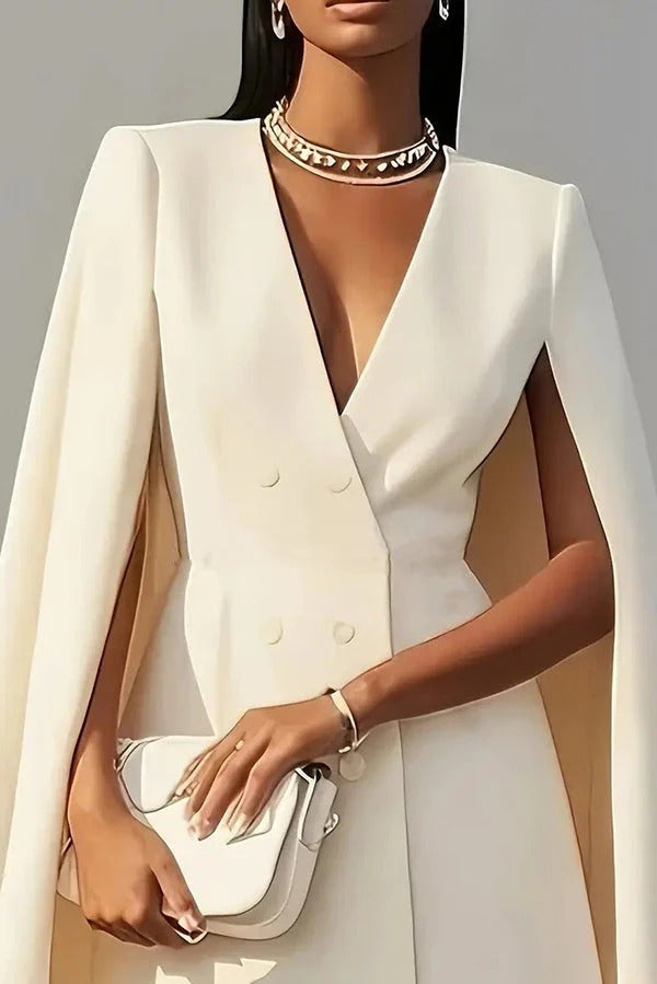 Solid Color V-Neck Double Breasted Cape Formal Mini Dress