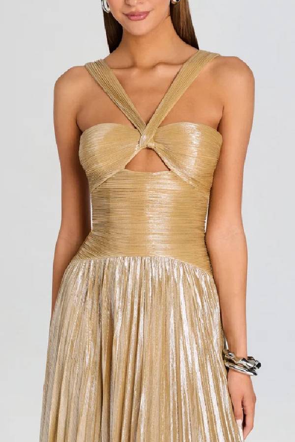 Halter Twist Cutout Metallic Pleated Long Evening Gown