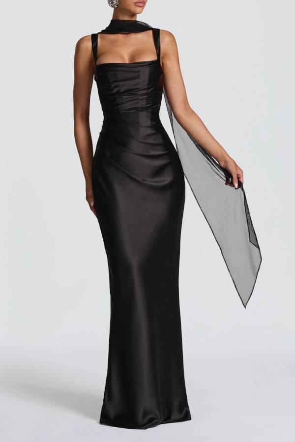 Square Neck Wide Strap Satin Ruched Mermaid Long Evening Dress