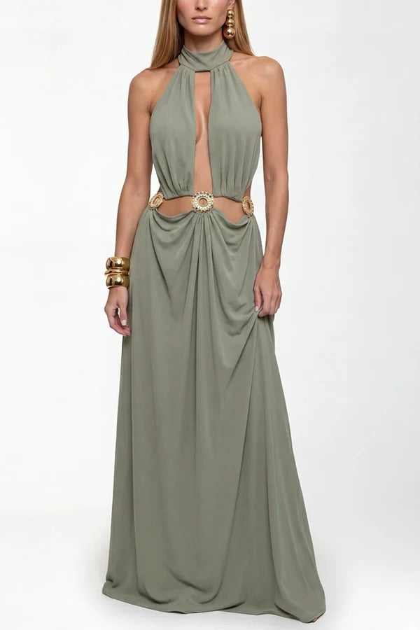 Arkos High Neck Cut-out Gold-plated Metal Emblems Backless Maxi Dress