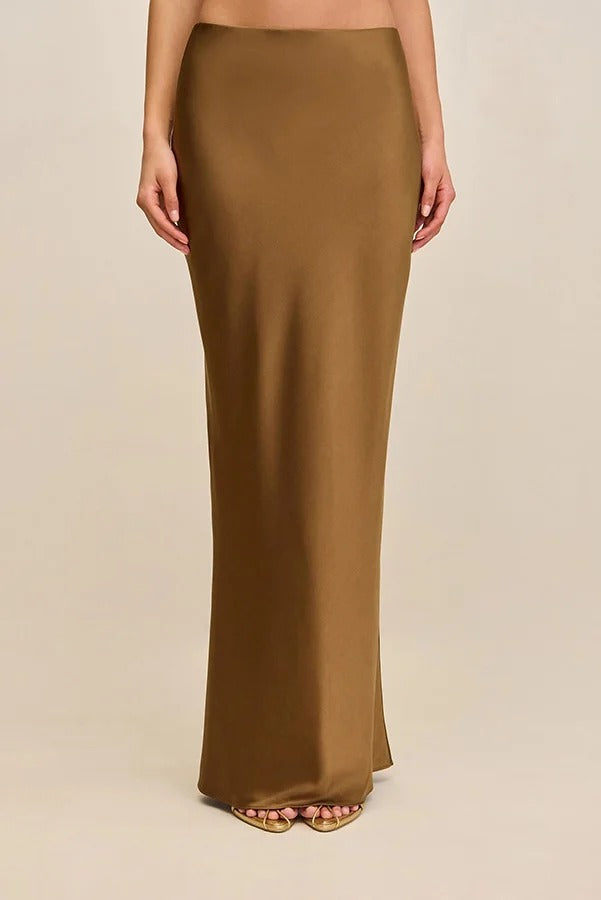Keep Polished Satin High Rise Bias Cut Drape Maxi Skirt