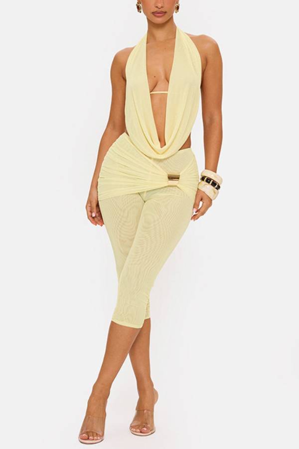 Halter Cowl Deep Cutout Twisted Mesh Capri Pants Hot Girl Co-ord Set