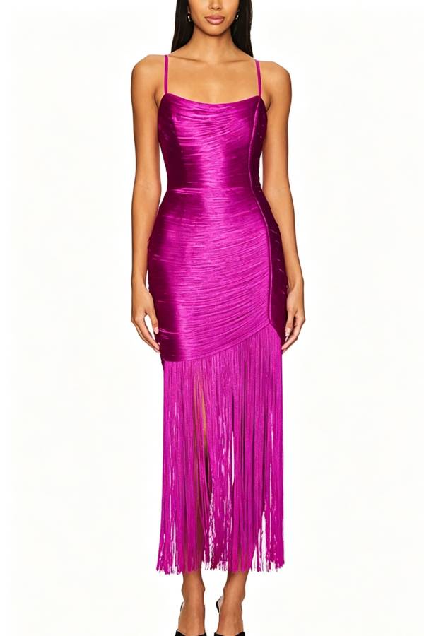 Cocktail Party Tassel Cowl Neck Sleeveless Drape Hem Slip Maxi Dress