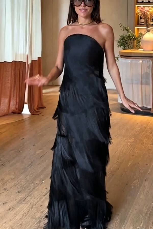 Party Queen Layered Tassel Design Off Shoulder Back Tie-up Maxi Dress