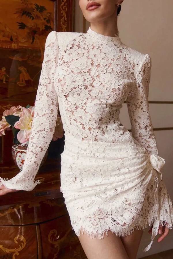 High Neck Long Sleeve Floral Lace Ruched Bodycon Cocktail Mini Dress