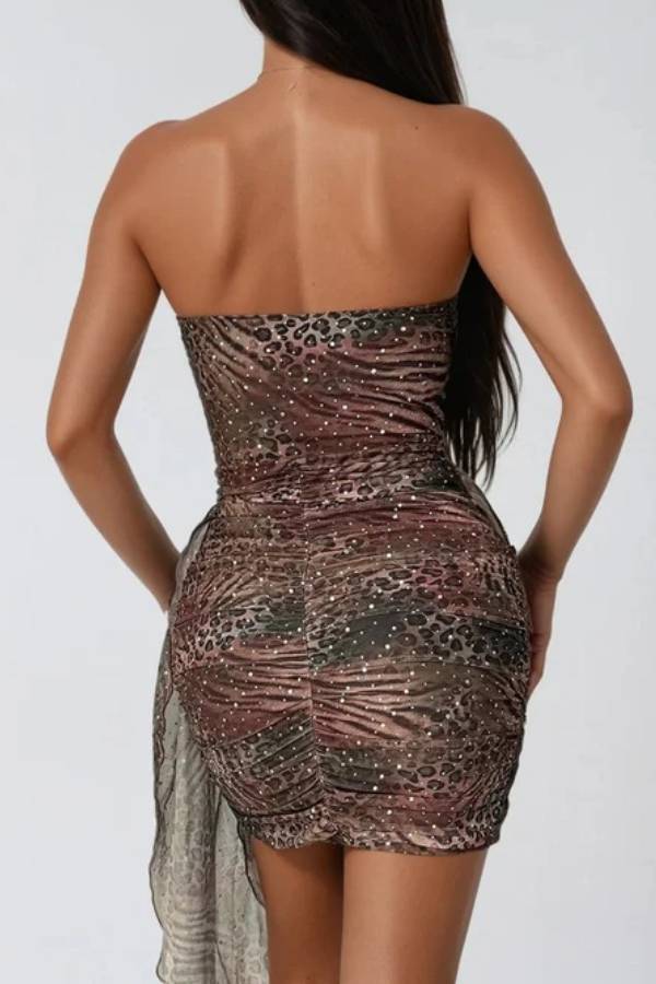 Velvara Strapless Leopard Sequin Mini Dress