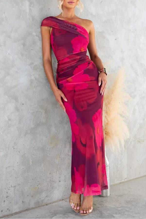 One-Shoulder Floral Print Ruched Mesh Bodycon Maxi Dress