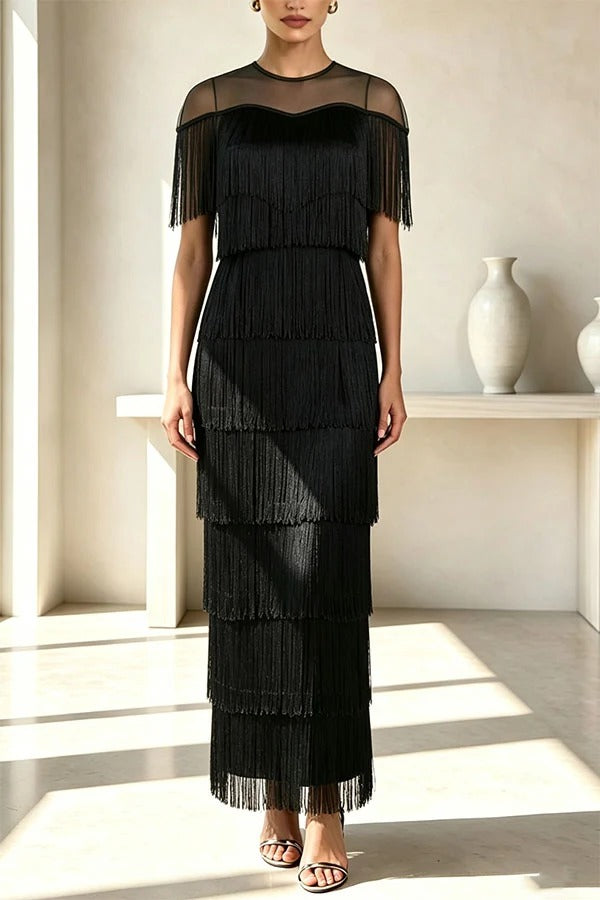 Elowyn Mesh Tiered Tassel Patchwork Round Neck Cape Sleeve Midi Dress