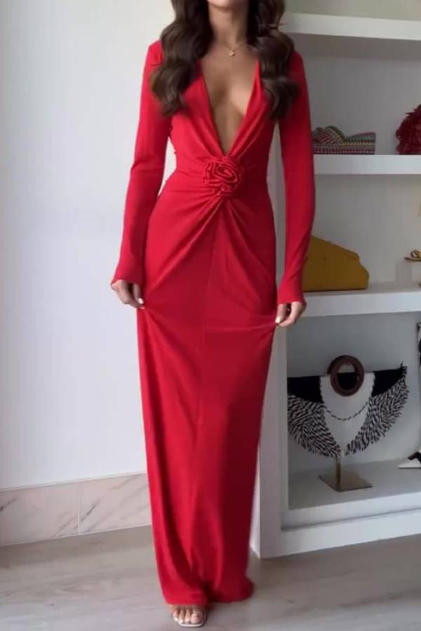 Long Sleeve Deep V Waist 3D Rose Applique Slim Fit Train Evening Dress