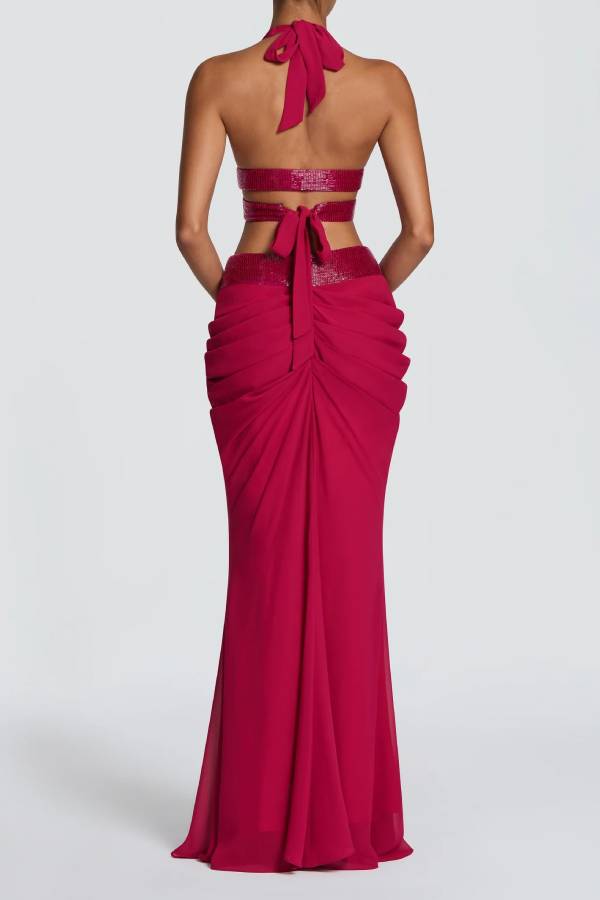 Sophie Chiffon Embellished Trim Crop Halter Tank and Dramatic Gathered Drape Maxi Skirt Set