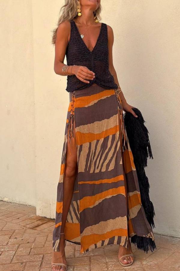 Bendita Colorblock Print Elastic Waist Side Lace-up Slit Maxi Skirt