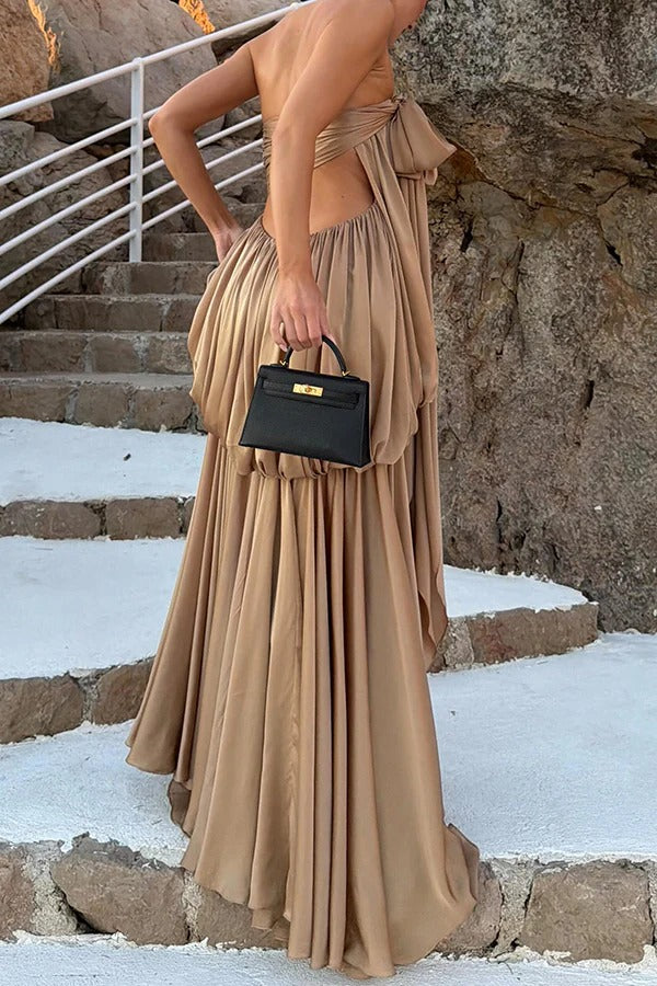 Shimmer Rhythm Satin Tie-up Bust Puff Hem Strapless Drape Maxi Dress