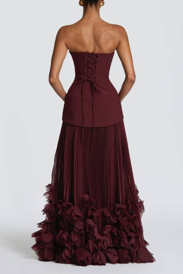 Serafina Strapless Back Lace-up Handcrafted Floral Appliqués Pleated Hem Gown Maxi Dress