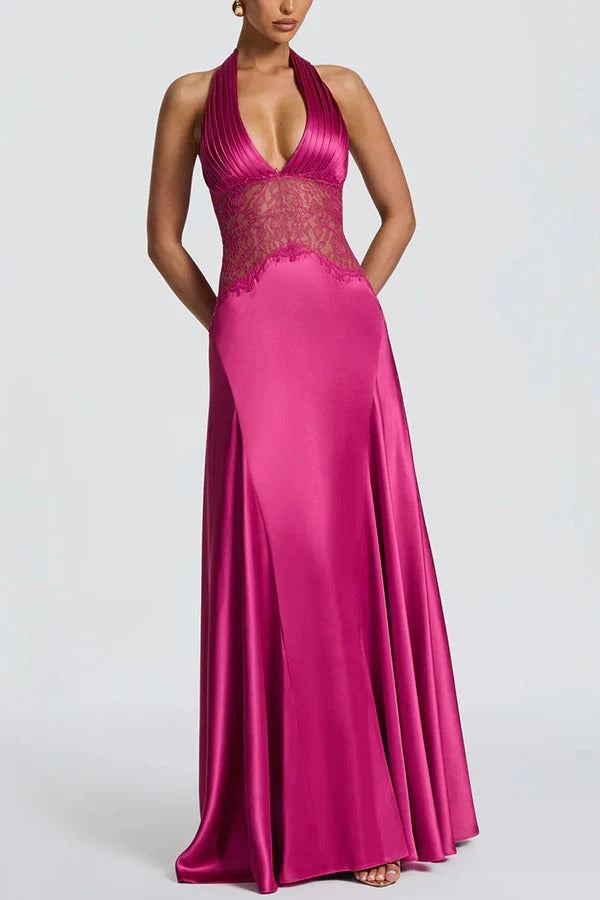Virella Satin Lace Waist Pleated Halter Neck Straps Back Lace-up Maxi Dress