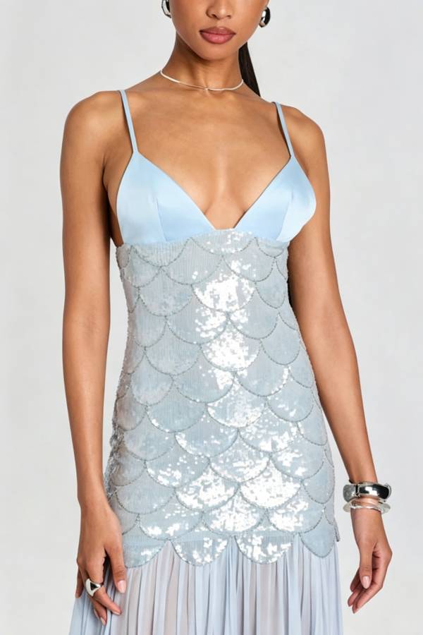 Eileyn V-neck Fan-shaped Sequined Chiffon Hem Slip Maxi Dress