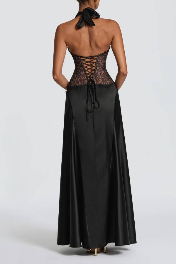 Virella Satin Lace Waist Pleated Halter Neck Straps Back Lace-up Maxi Dress