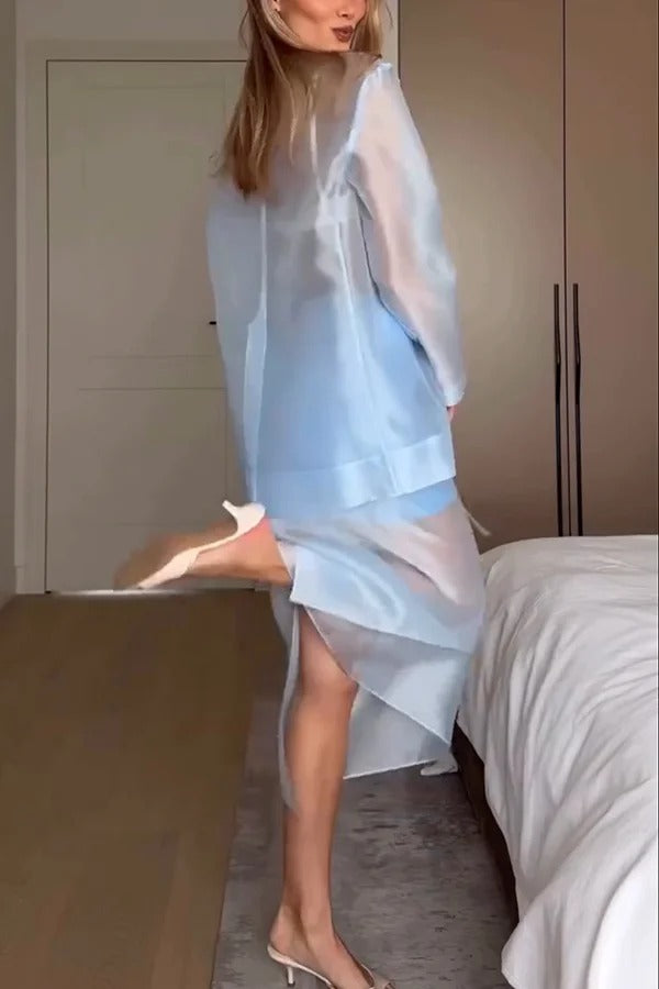 Simple and Light See-through Fabric Mid Rise Pencil Slit Midi Skirt
