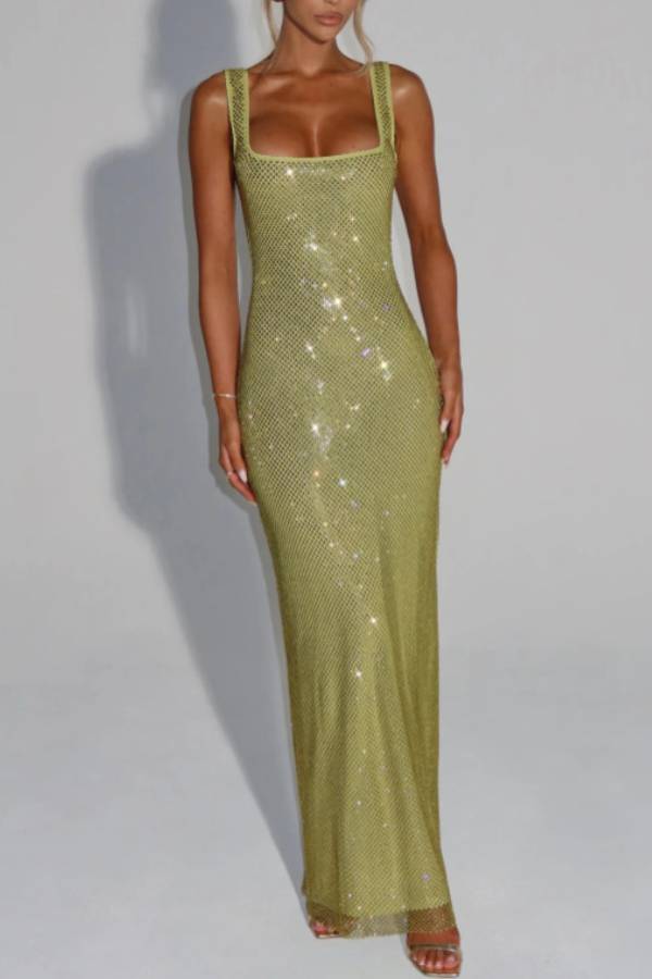 Calanthe Sequin Embellished Chiffon Ruched Square Neck Back Lace-up Maxi Dress