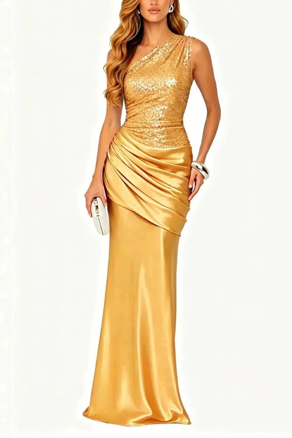 One‑Shoulder Sequin Satin Mermaid Evening Gown