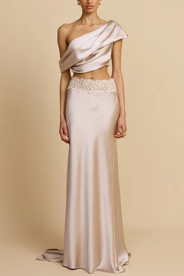 Anaya Satin Asymmetrical Off Shoulder Cropped Top and Lace Trim High Rise Maxi Skirt Set