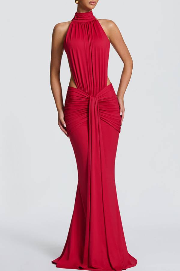 High Neck Halter Cutout Ruched Mermaid Evening Gown