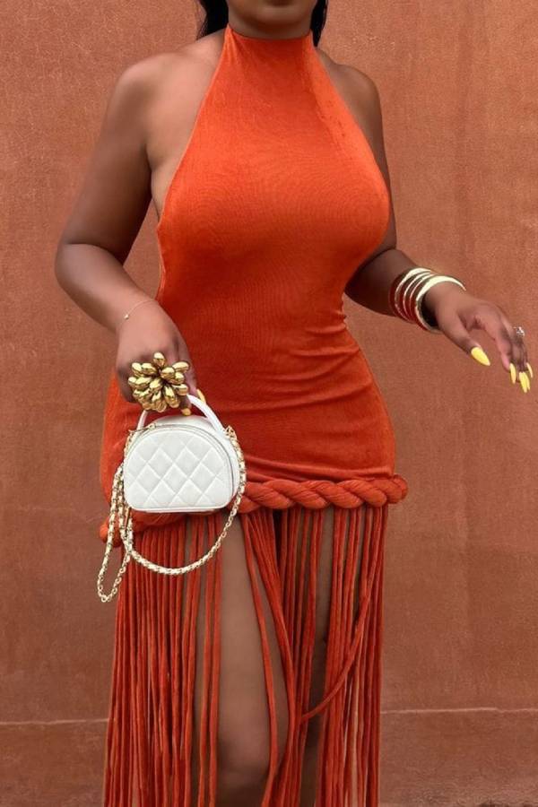 Halter Twist Waist Long Fringe Bodycon Mini Dress