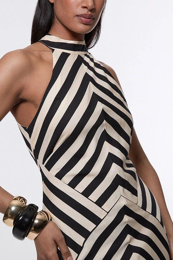 Modern Perfection Geometric Stripes Print Open Back Irregular Hem Maxi Dress