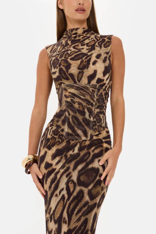 Leopard Print High-Neck Sleeveless Maxi Dress