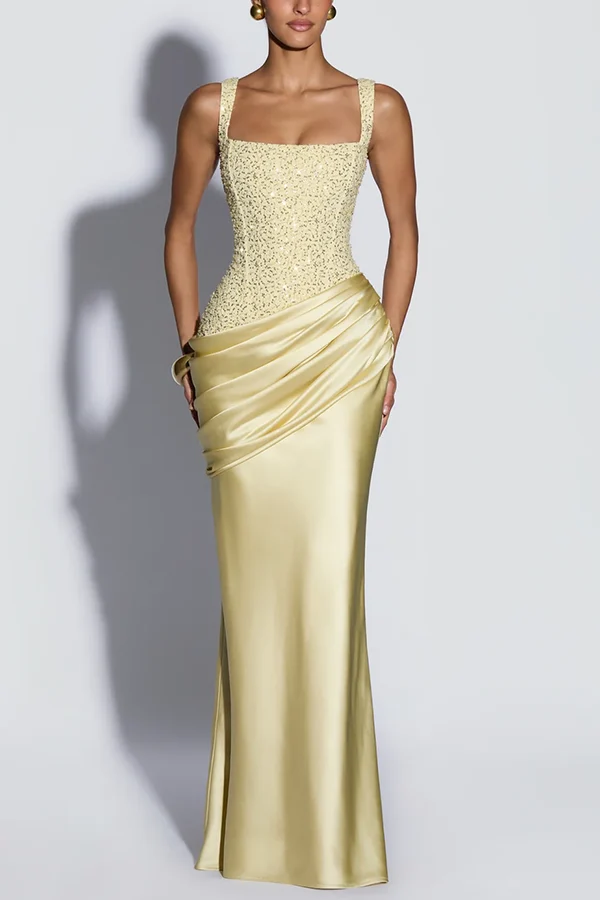 Alexandria Sequin Square Neck Back Lace-up Satin Drape Cowl Overlay Maxi Dress