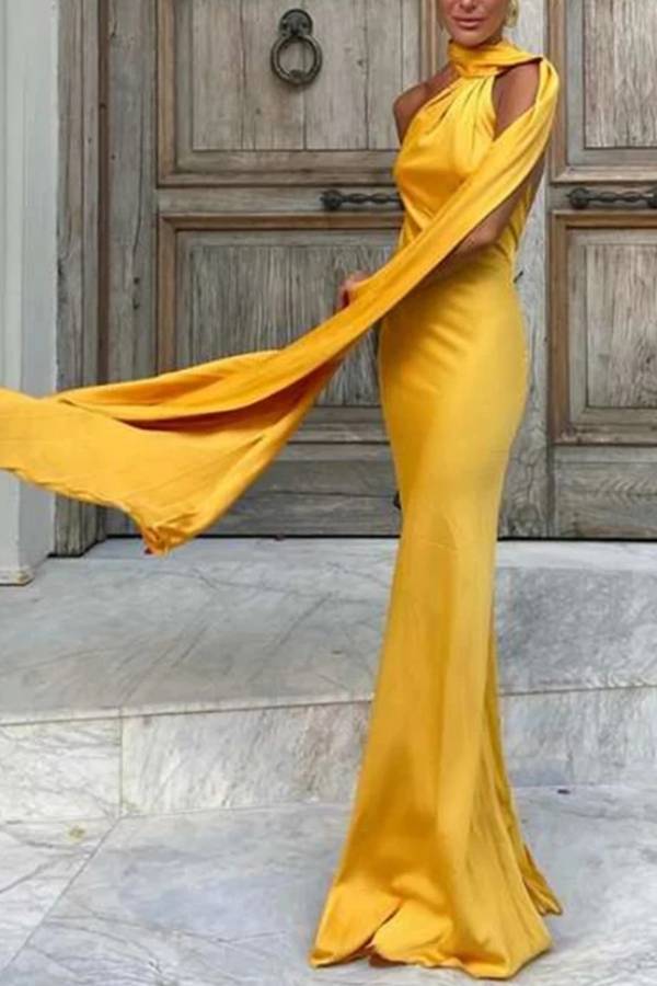 One-Shoulder Halter Satin Slim Fishtail Evening Dress With Streamer