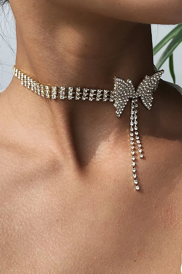 Rhinestone Butterfly Chain Tassel Alloy Necklace