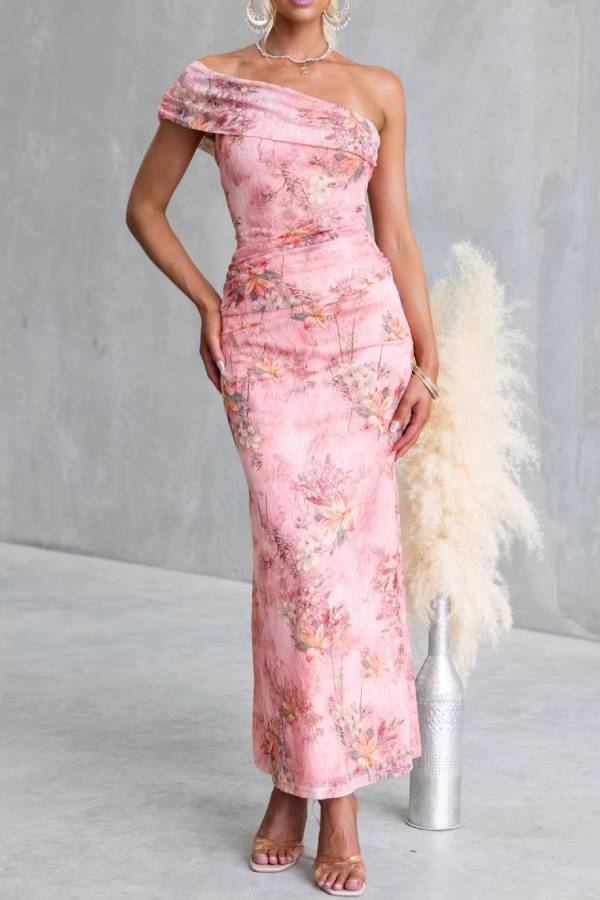 One-Shoulder Floral Print Ruched Bodycon Maxi Dress