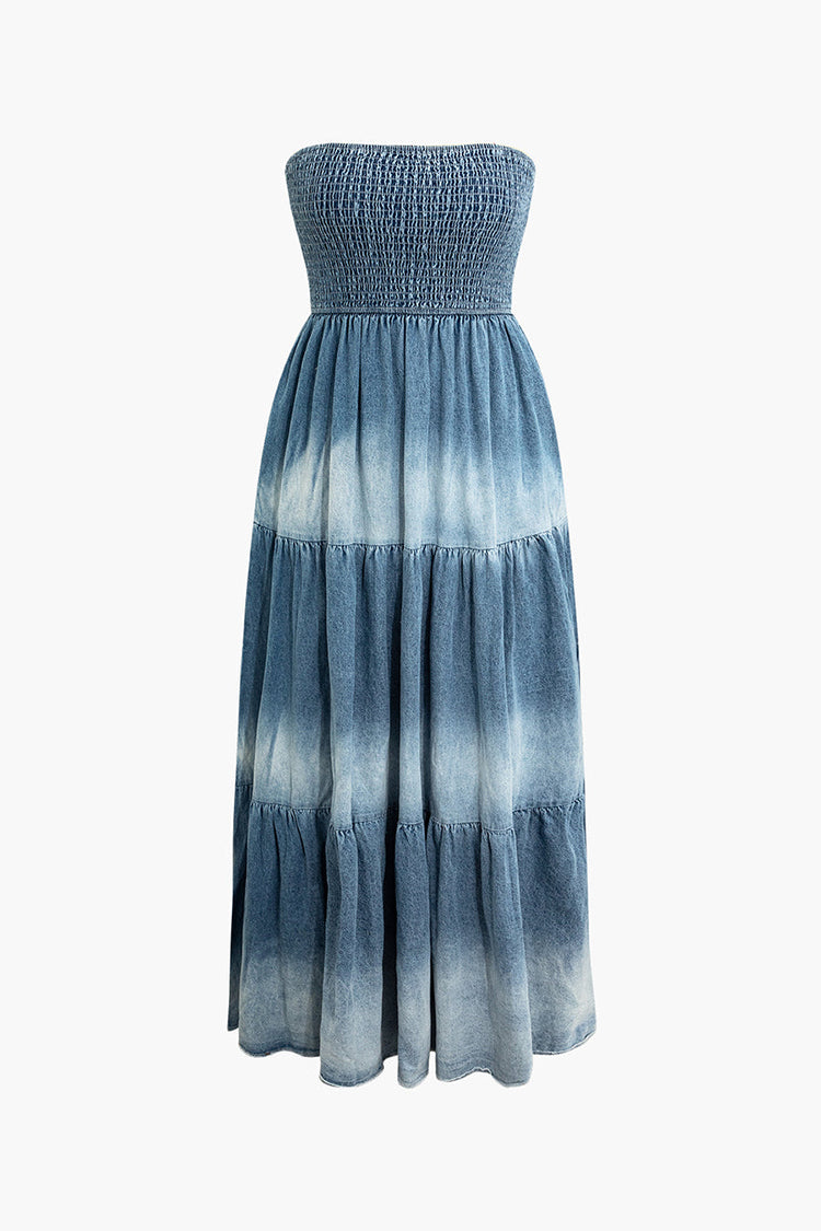 Denim Ombre Shirred Strapless Midi Dress