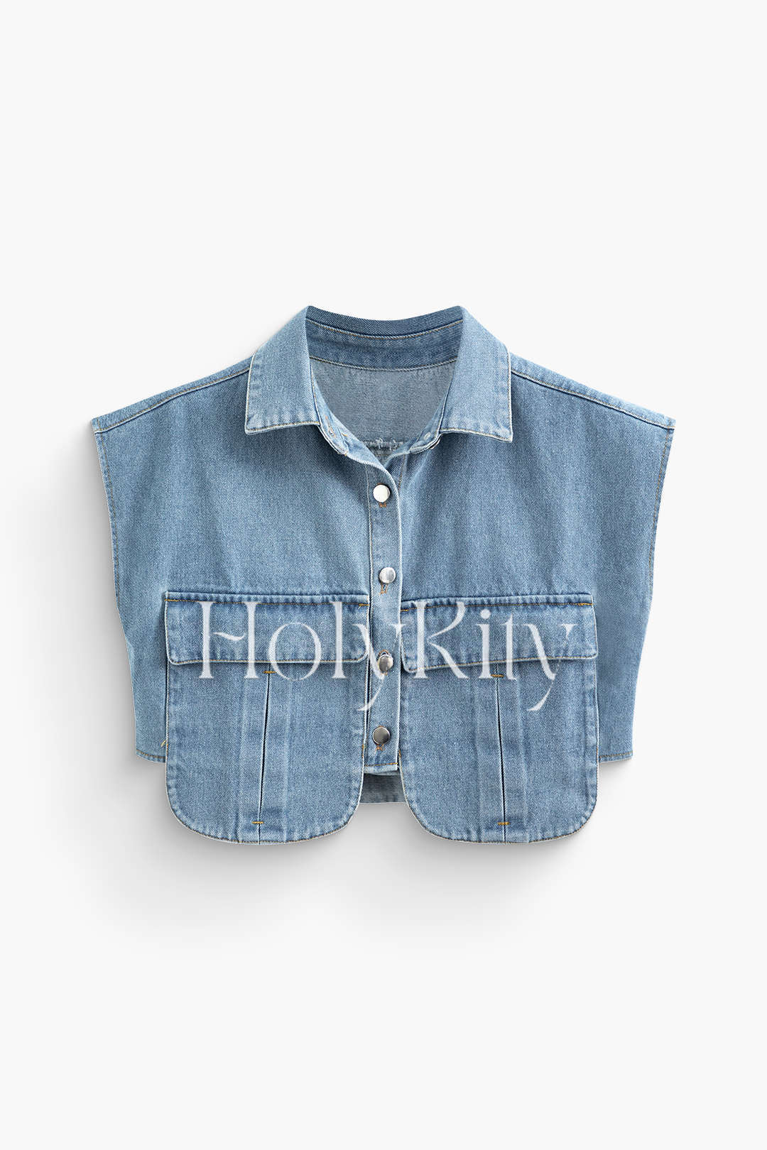 Gilet court en jean asymétrique à poches à rabat et boutons