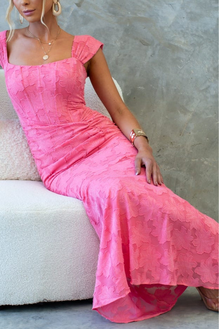 Unreal Beauty Floral Textured Material Ruched Fishtail Maxi Dress