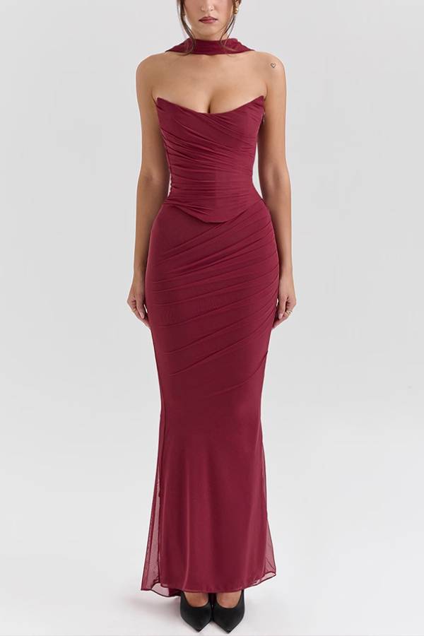 Halter Sash Strapless Ruched Mesh Mermaid Maxi Gown