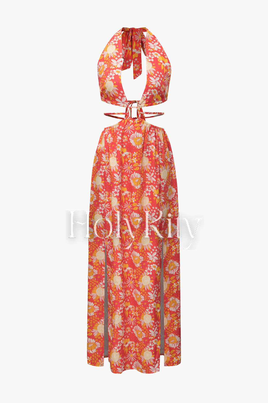 Robe longue fendue à découpes et col licou fleuri