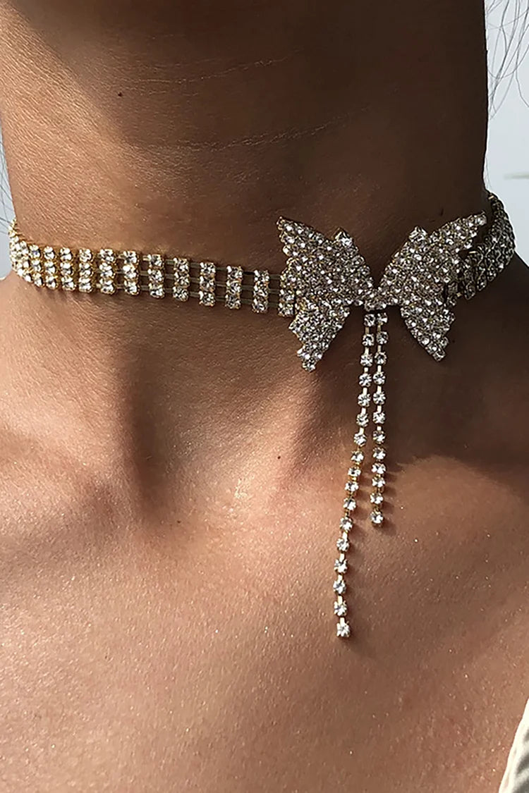 Rhinestone Butterfly Chain Tassel Alloy Necklace