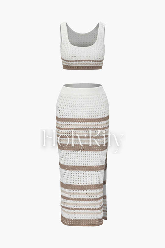 Stripe Openwork Knit Crop Tank Top And Slit Midi Skirt Set