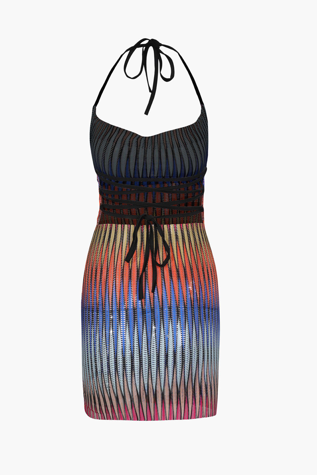 Mehrfarbiges transparentes Neckholder-Minikleid mit Drapierung