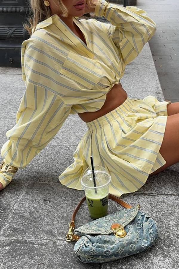 Yellow & Blue Striped Cropped Shirt + High-Waisted A-Line Skirt Set