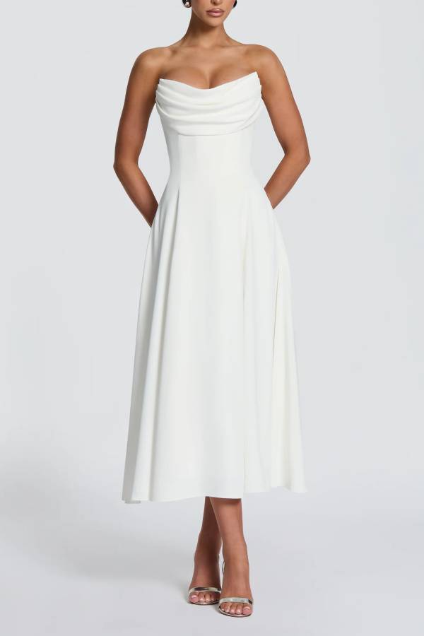 Marlowe Pleated Cowl Neck Strapless Back Lace-up Midi Dress