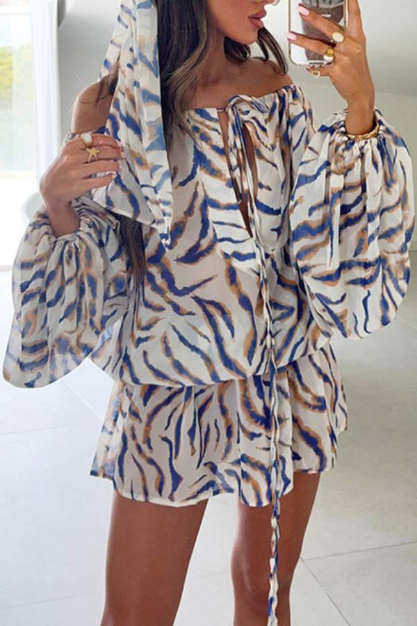 Blue & Brown Tiger Print Off-Shoulder Lantern Sleeve Vacation Dress
