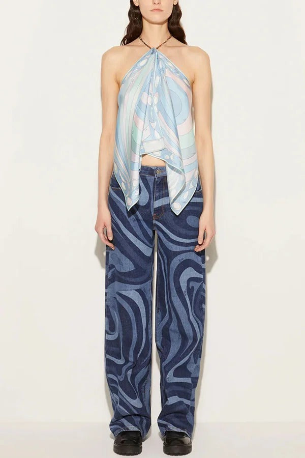 Artistic Girl Satin Unique Print Metal Chain Halter Draped Scarf Tank