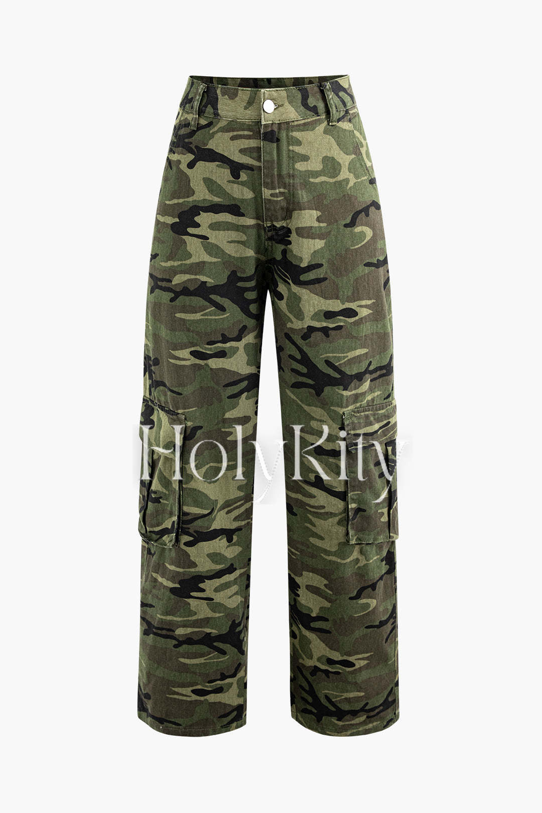 Camo High Waist Flap Pocket Straight Leg Cargo Jeans