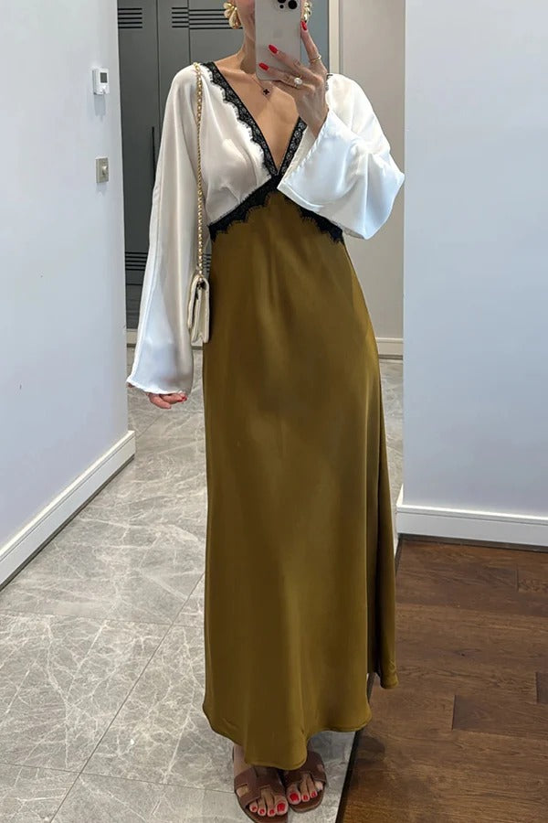 Lainei Contrast Color Satin Lace Trim V-neck Long Sleeve Maxi Dress