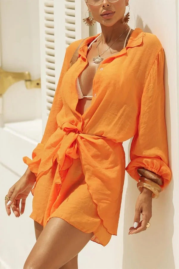 Kala Linen Blend Button Balloon Sleeve Blouse and Elastic Waist Warp Tie-up Mini Skirt Set