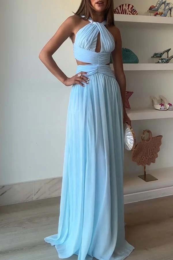 Graceful Modern Chiffon Twist Halter Neck Cutout Pleated Maxi Dress